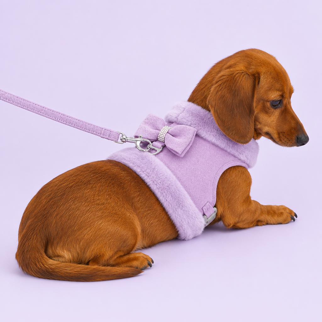 Dachshund in lavender harness