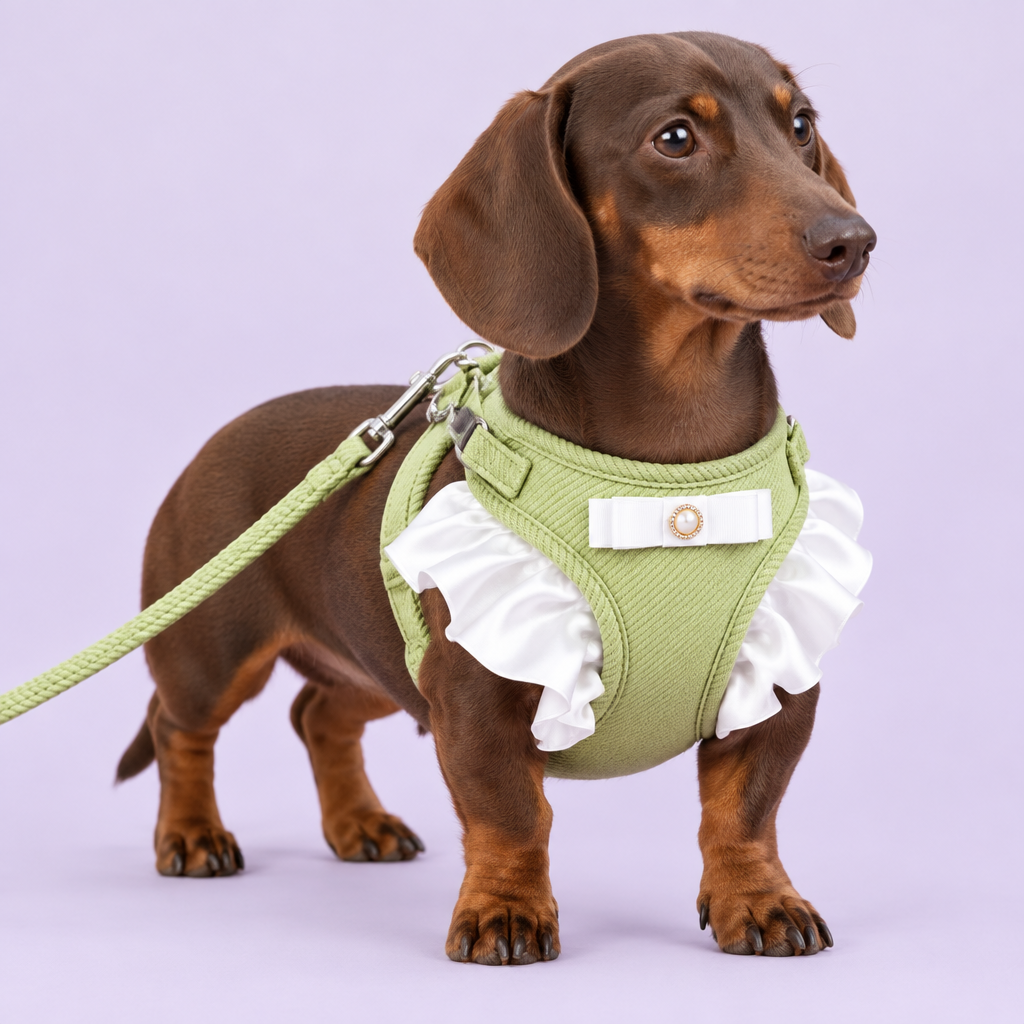 Dachshund in pale green ruffled harness