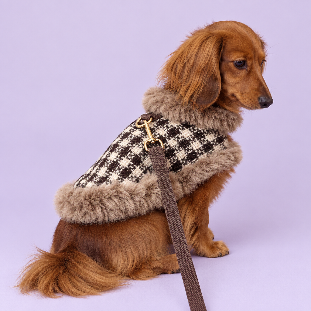 Dachshund in plaid cape, side view