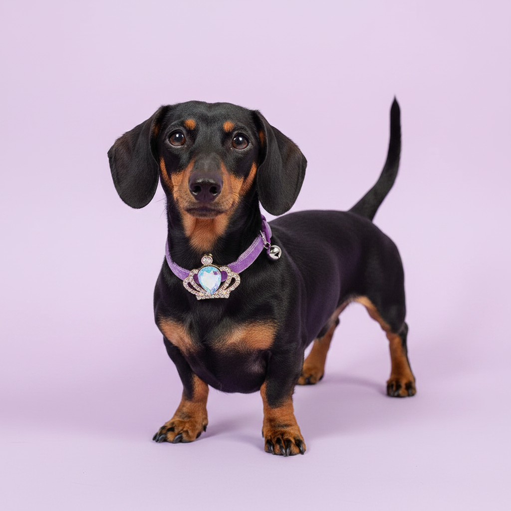 Miniature Dachshund wearing purple velvet dog collar with gold crown and iridescent AB teardrop gem pendant — luxury small dog collar