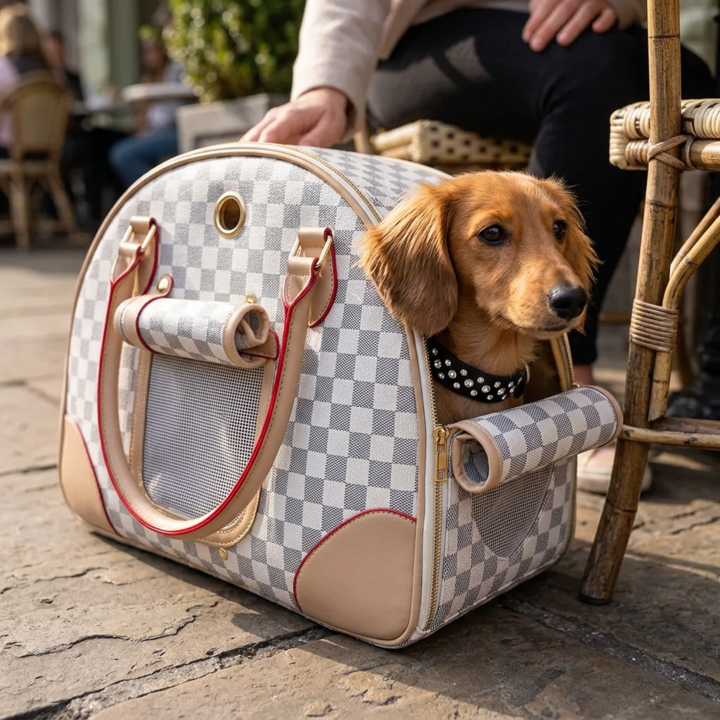 Dachshund lifestyle mockup with checkered carrier and black rhinestone collar