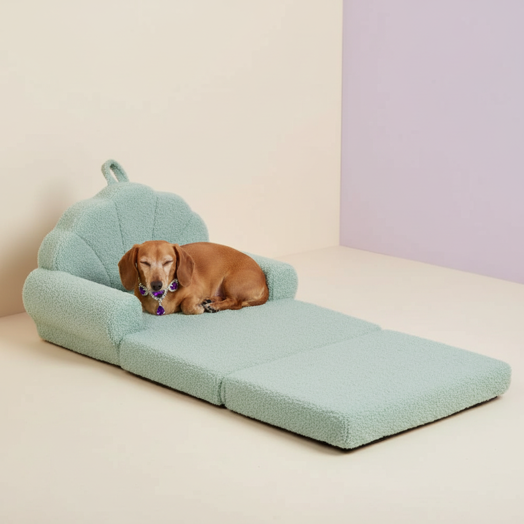 Dachshund lounging on the larger laid-out chaise