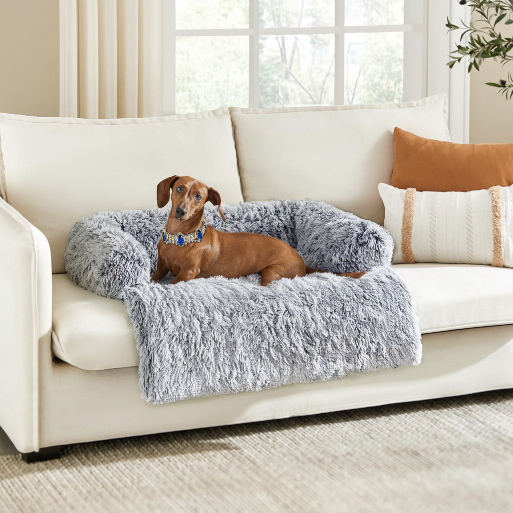 Dachshund wearing a gold and blue sapphire crystal collar sitting on a light grey long shaggy faux fur sofa cover protector draped over a cream upholstered sofa in a bright neutral living room with linen curtains, an olive branch, and terracotta and cream throw pillows