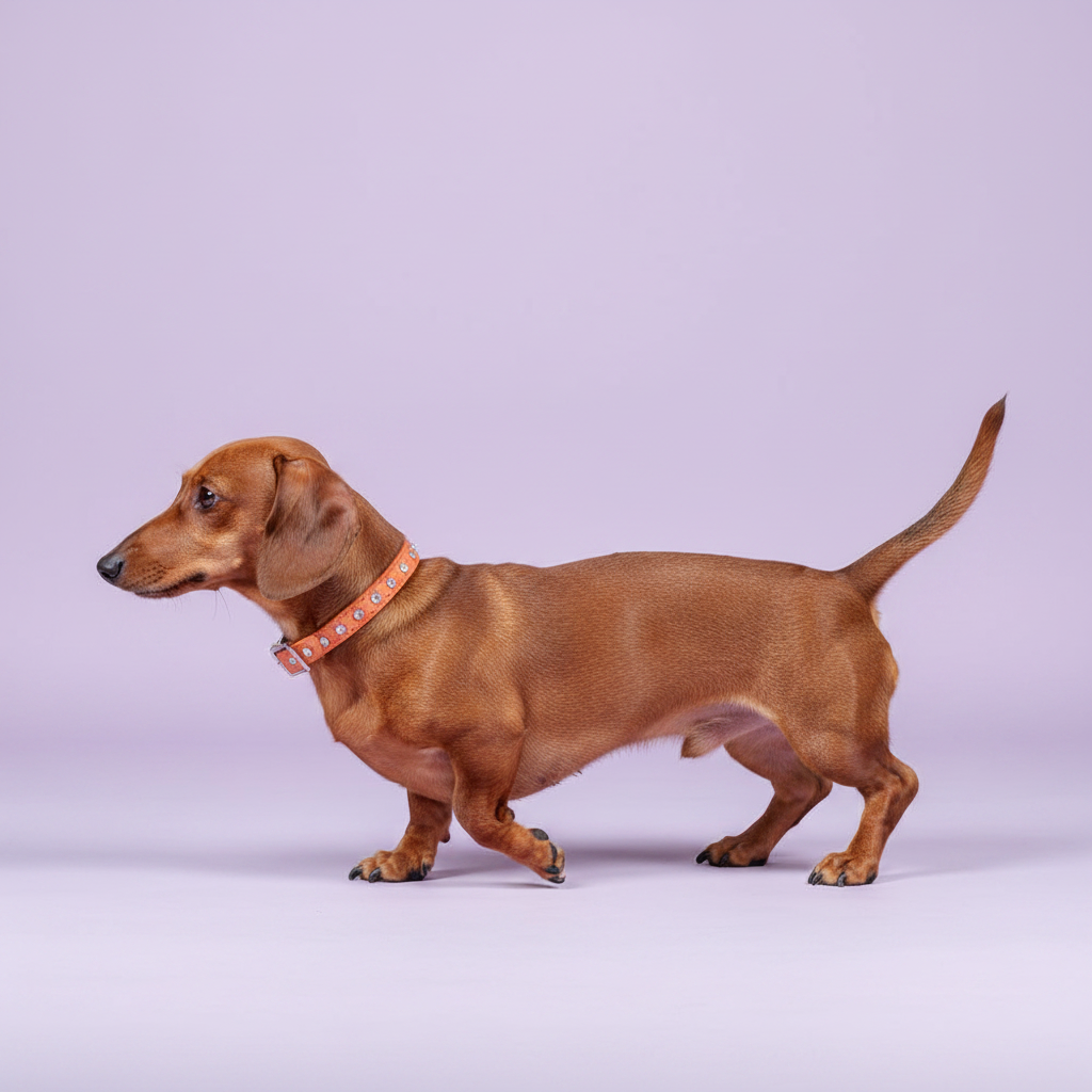 Red Dachshund trotting and wearing an orange rhinestone crystal leather dog collar, full body side profile studio portrait on lavender background