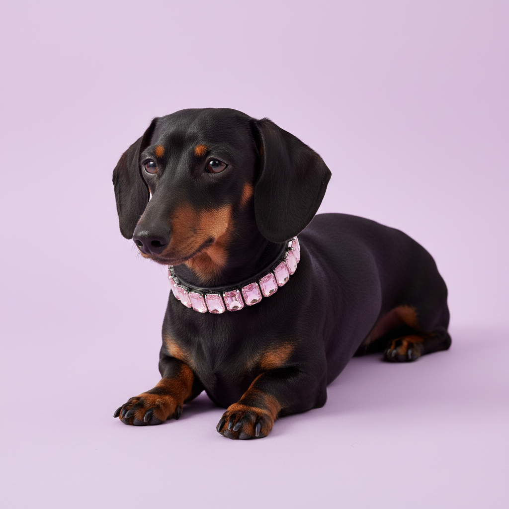 Black and tan Dachshund lying down and wearing a pink crystal rhinestone collar against a soft lavender studio background.