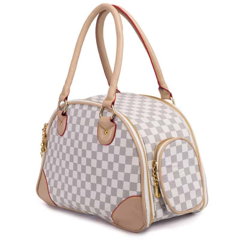A Louis Vuitton pet carrier in Damier Azur canvas with beige leather trim and handles, featuring a light gray and white checkered pattern with beige leather accents and gold-tone hardware.