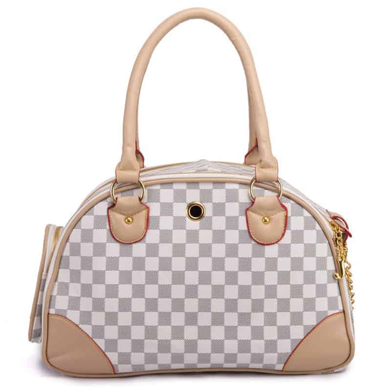 Checkered pet carrier with beige accents on a white background