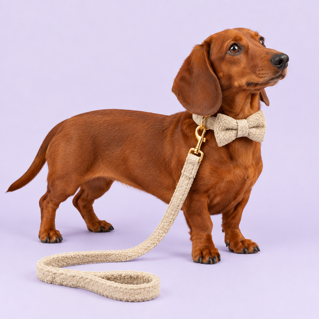 Dachshund wearing beige teddy fleece bow set