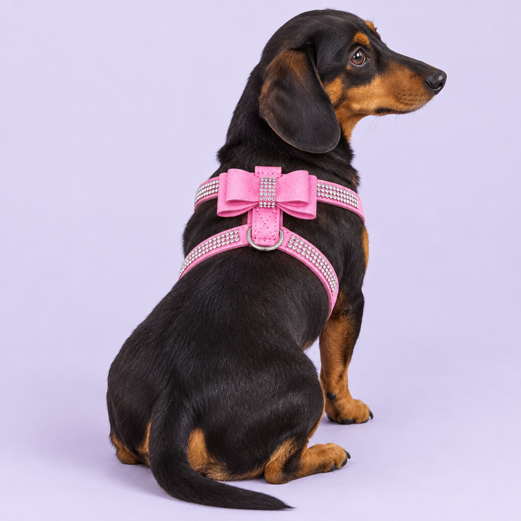 Dachshund wearing pink harness