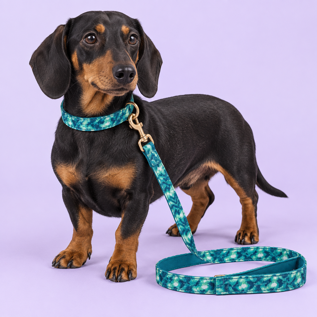 Dachshund wearing the teal collar and matching leash