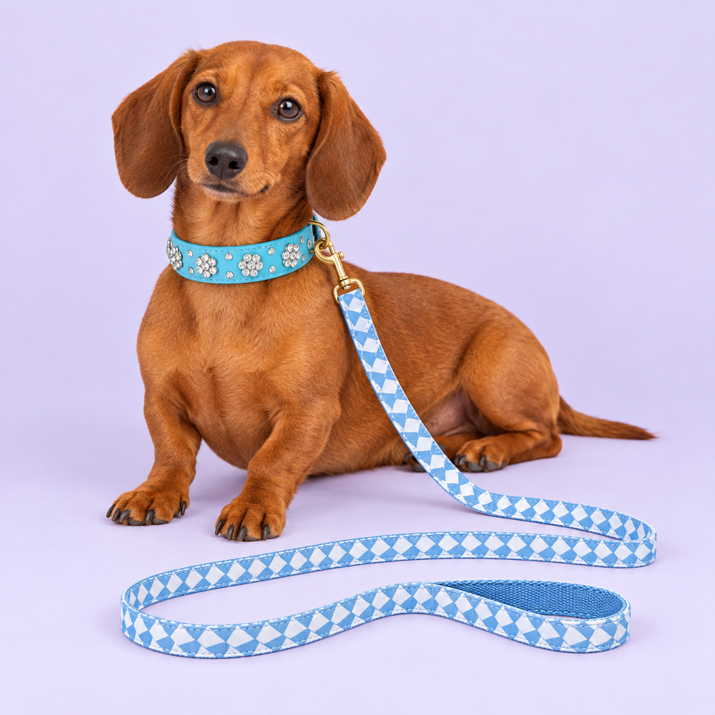 Dachshund with blue flower collar and triangle leash