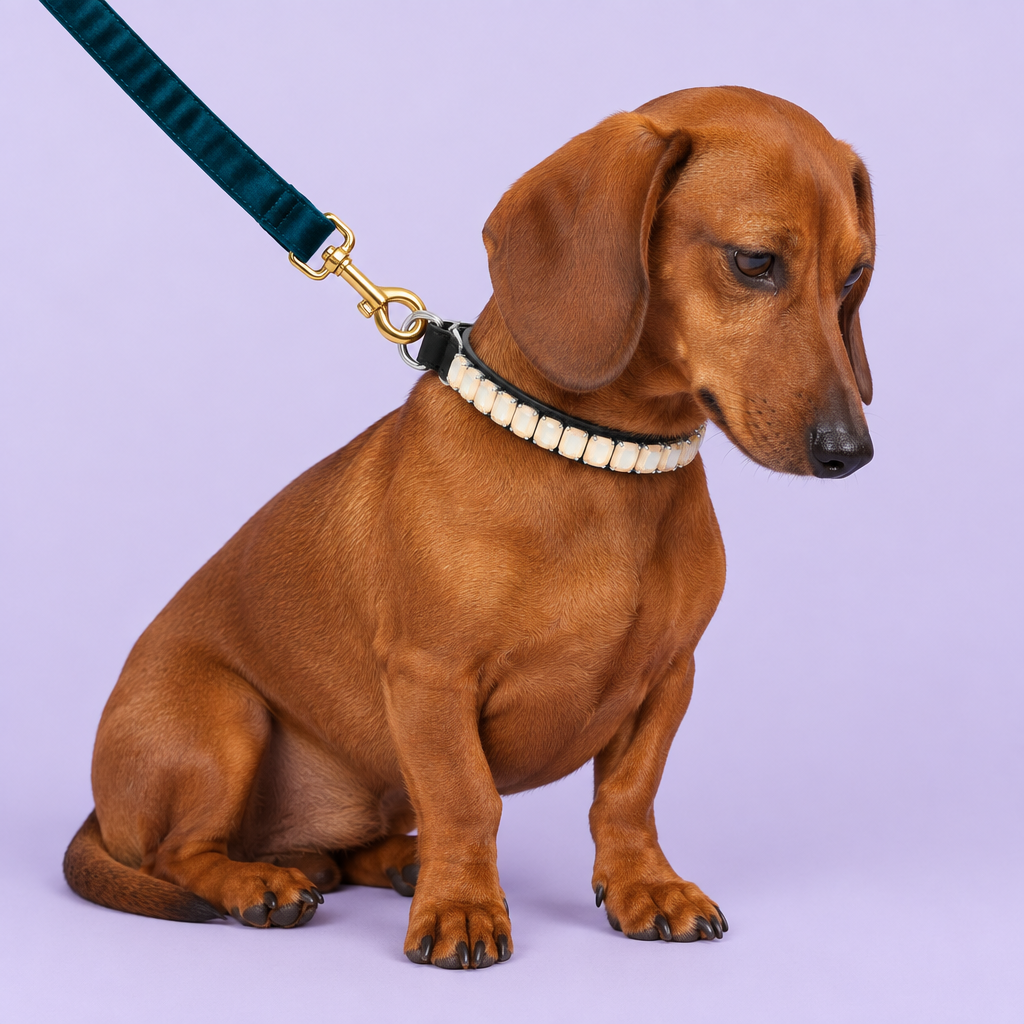 Dachshund with cream opal collar