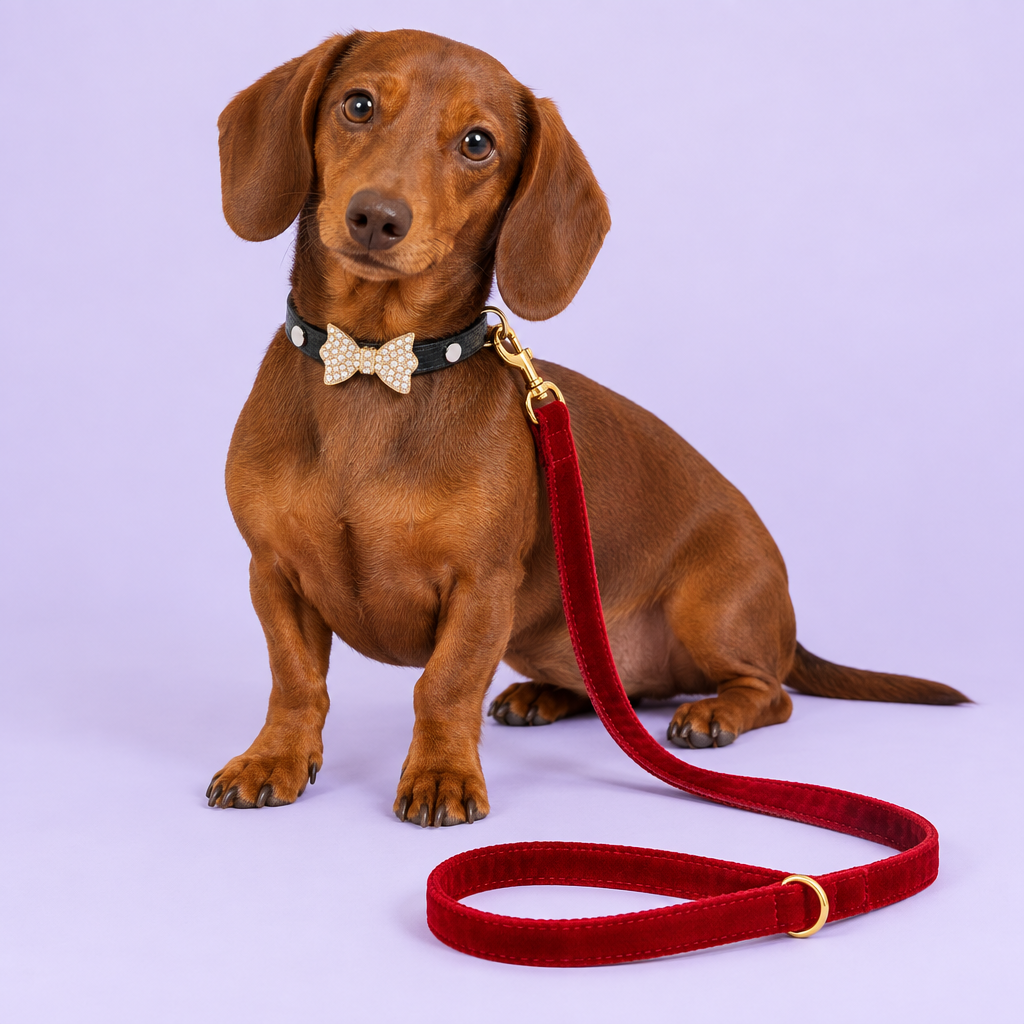 Dachshund with gold bow collar and red velvet leash