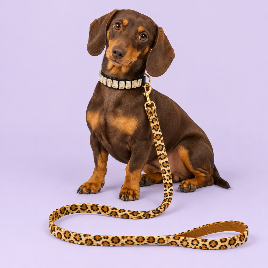 Dachshund with opal collar and leopard leash