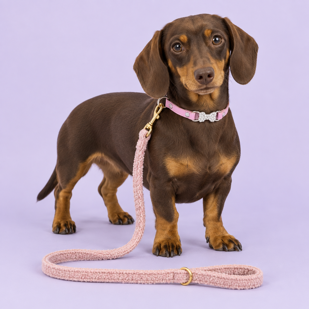 Dachshund with pink fleece leash and crystal bone collar
