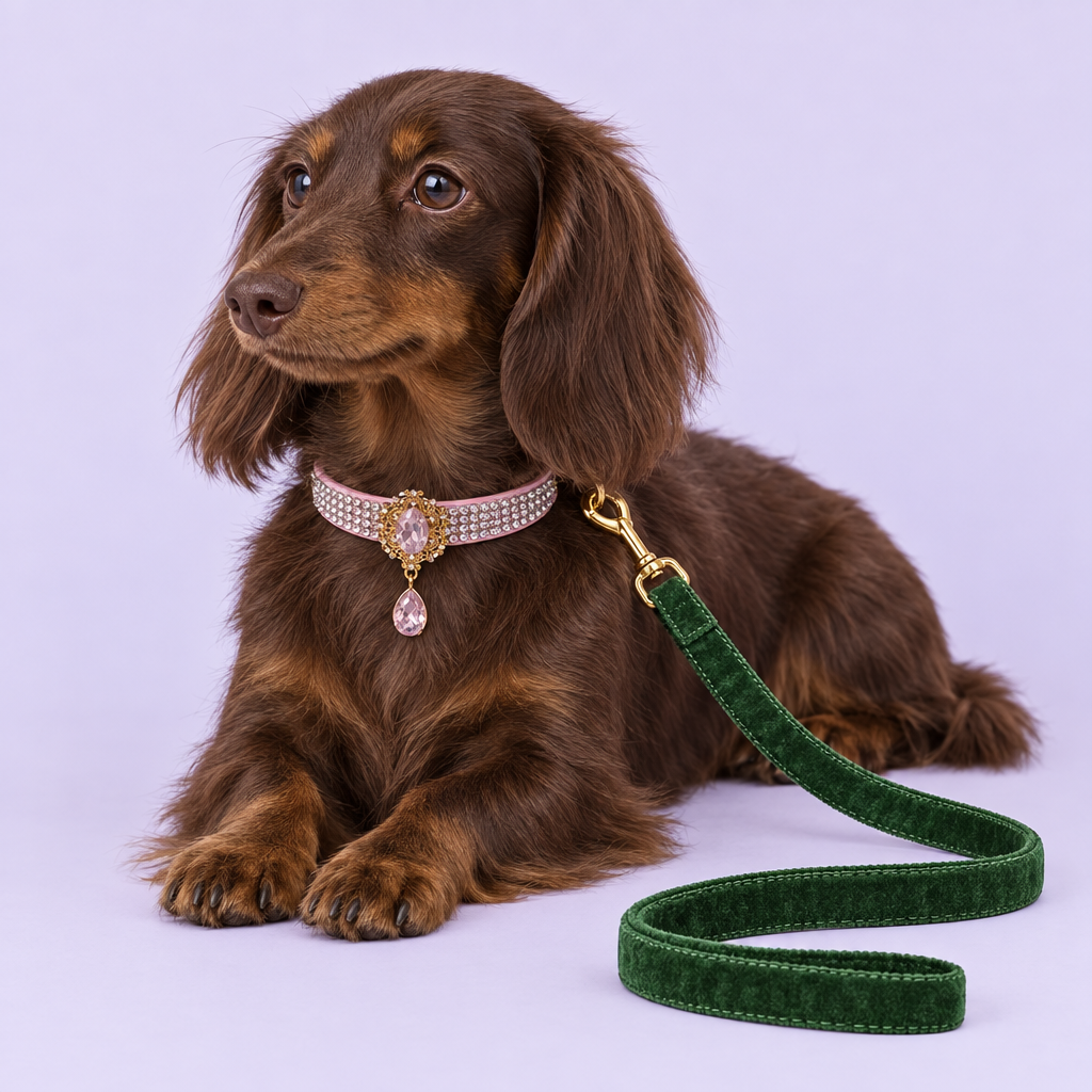 Dachshund with pink gemstone collar