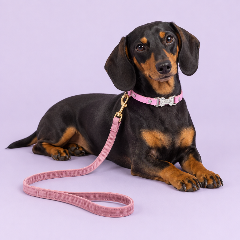 Dachshund with pink leash and silver bow collar