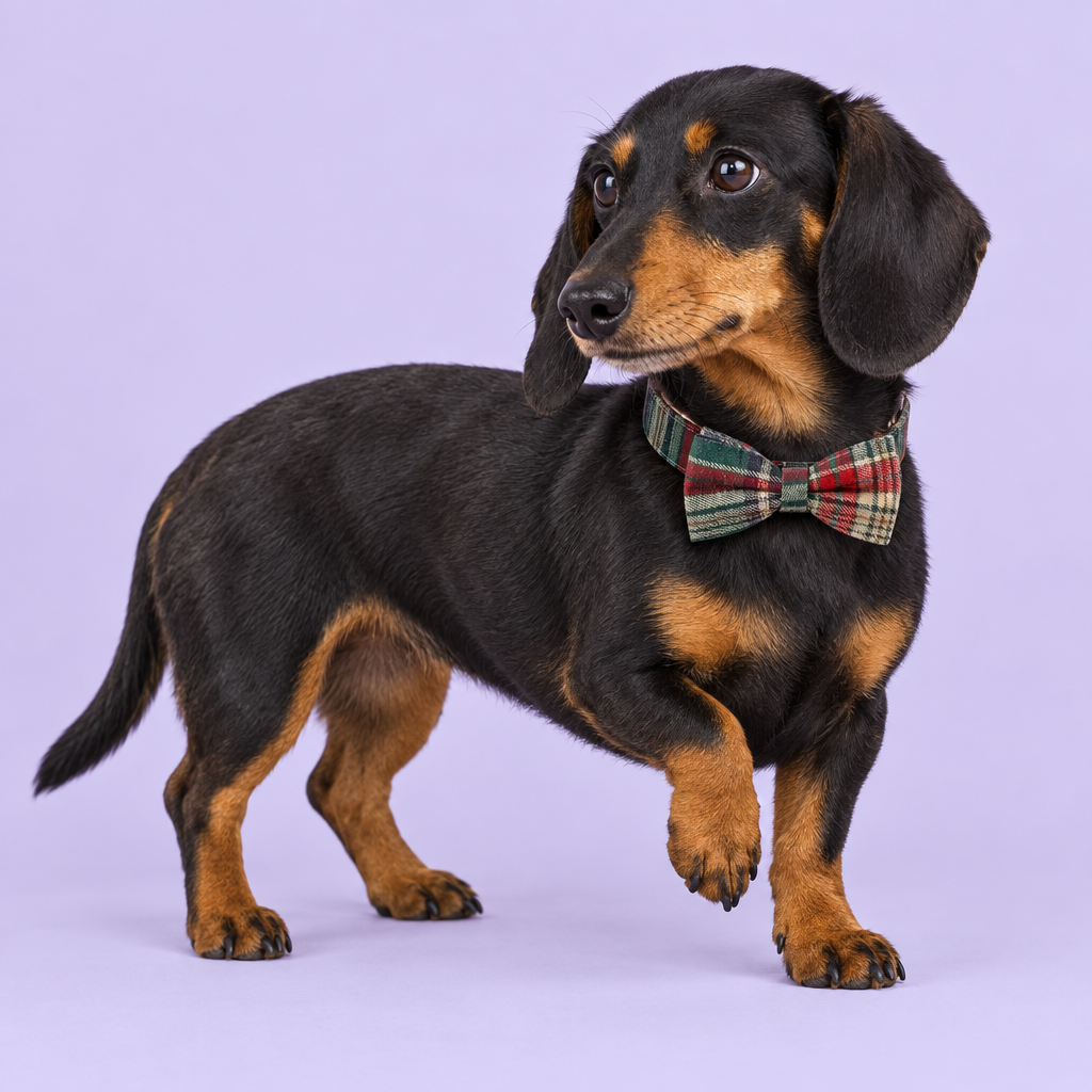 Dachshund with plaid bow collar
