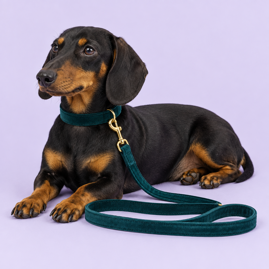Dachshund with plain teal velvet collar and leash