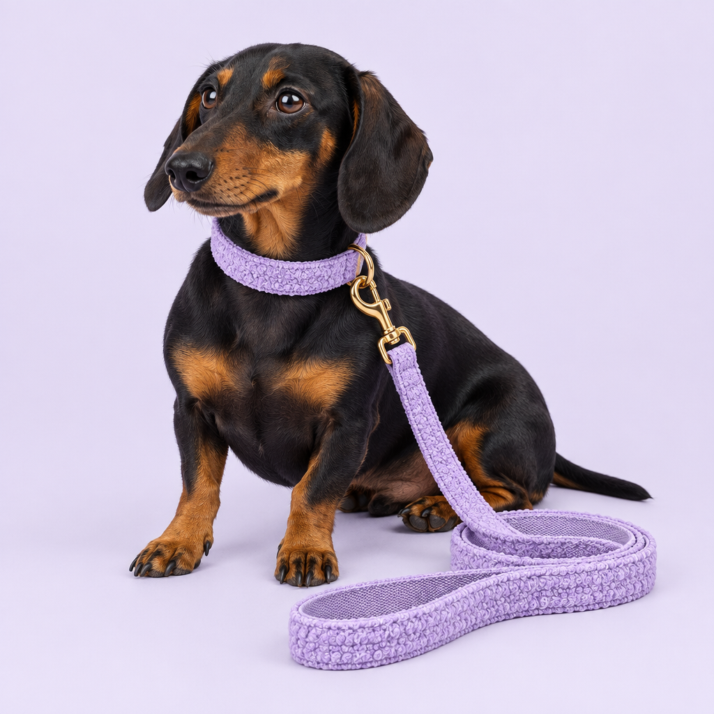 Dachshund with purple teddy-fleece collar and leash