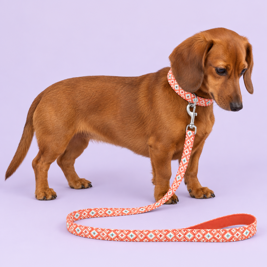 Dachshund with revised geometric collar and leash