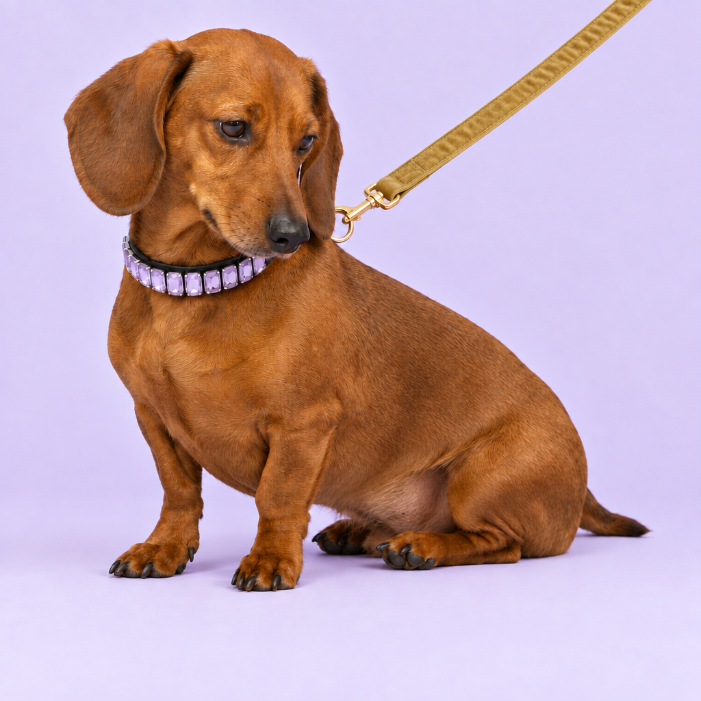 Dachshund with updated yellow velvet leash