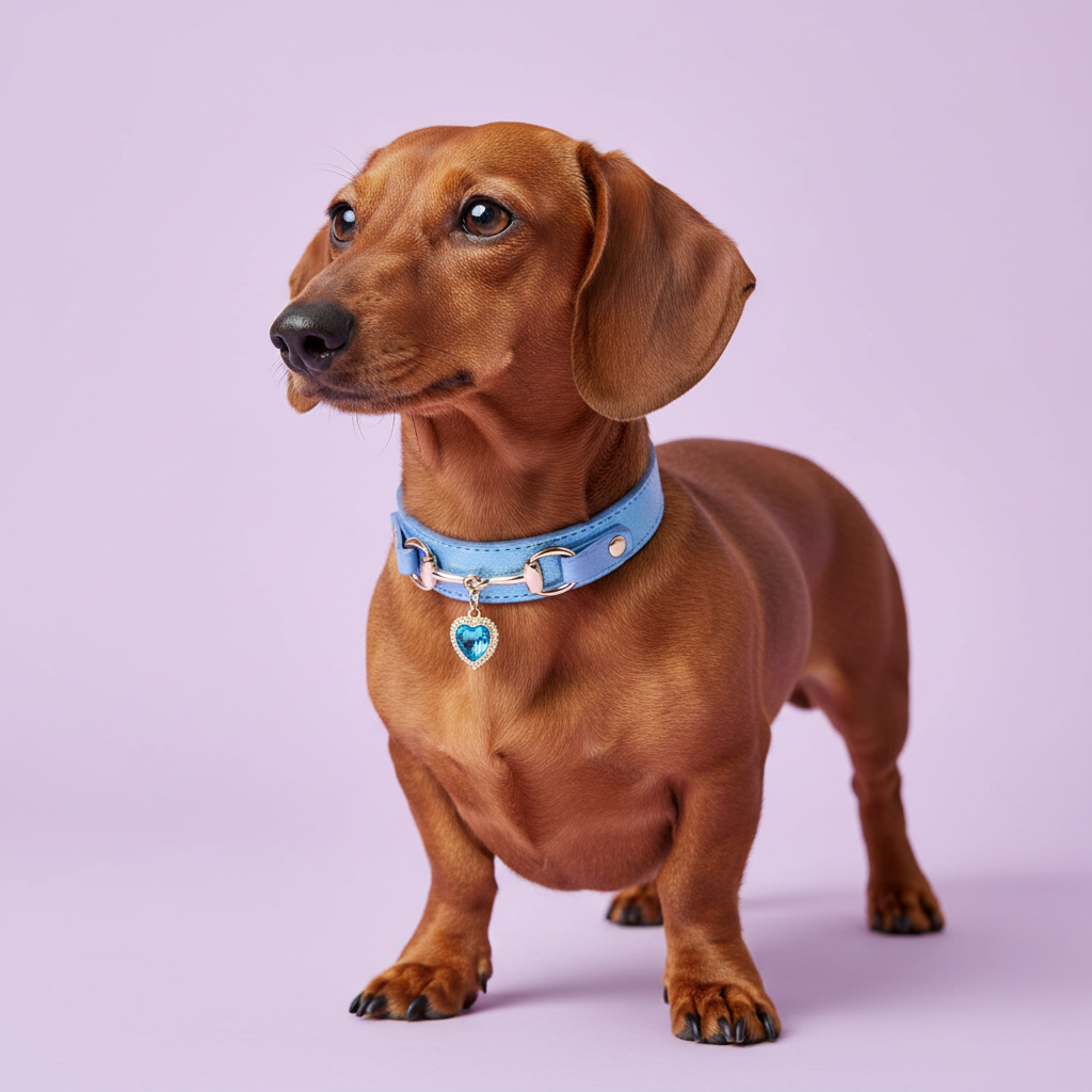 Brown Dachshund wearing a light blue leather pet collar with gold snaffle-bit hardware and a blue crystal heart charm pendant, on a soft lavender background