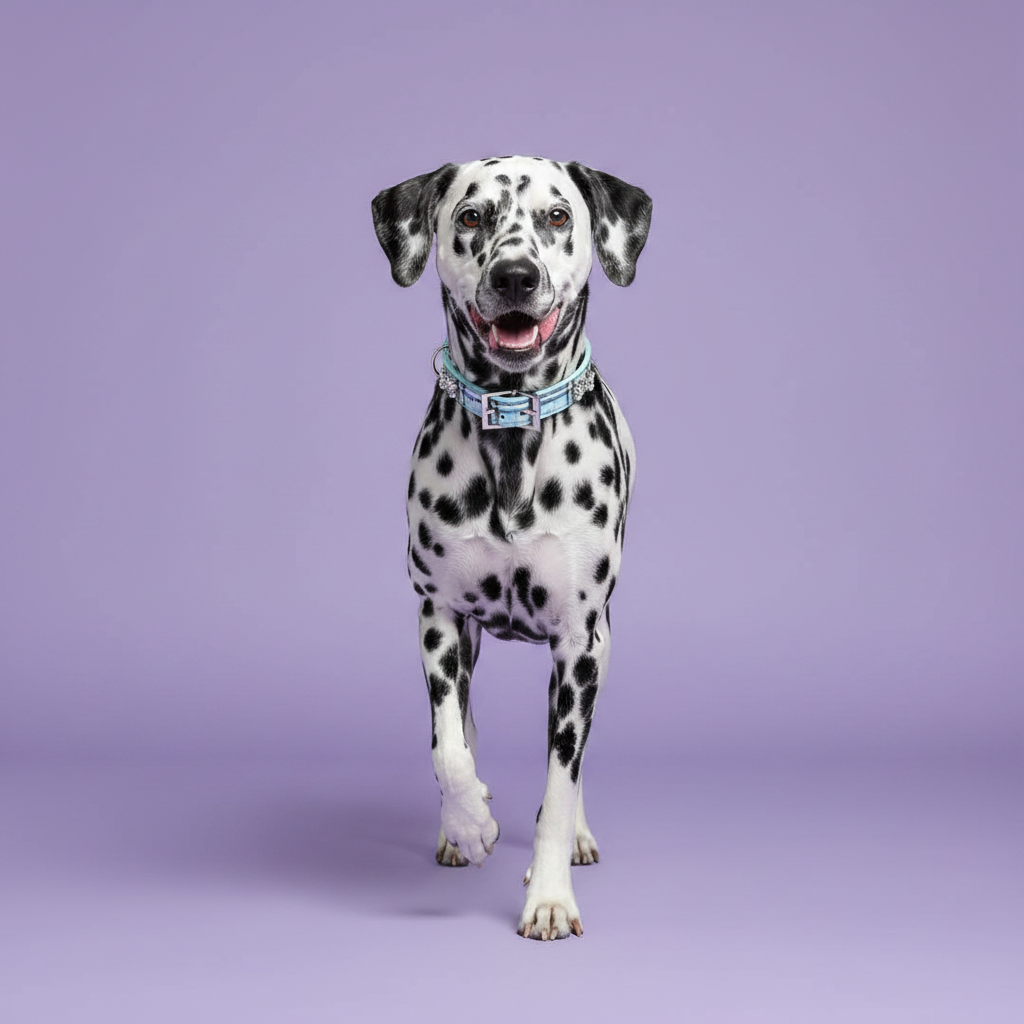 Dalmatian mid-prance and facing forward wearing a blue plaid rhinestone dog collar