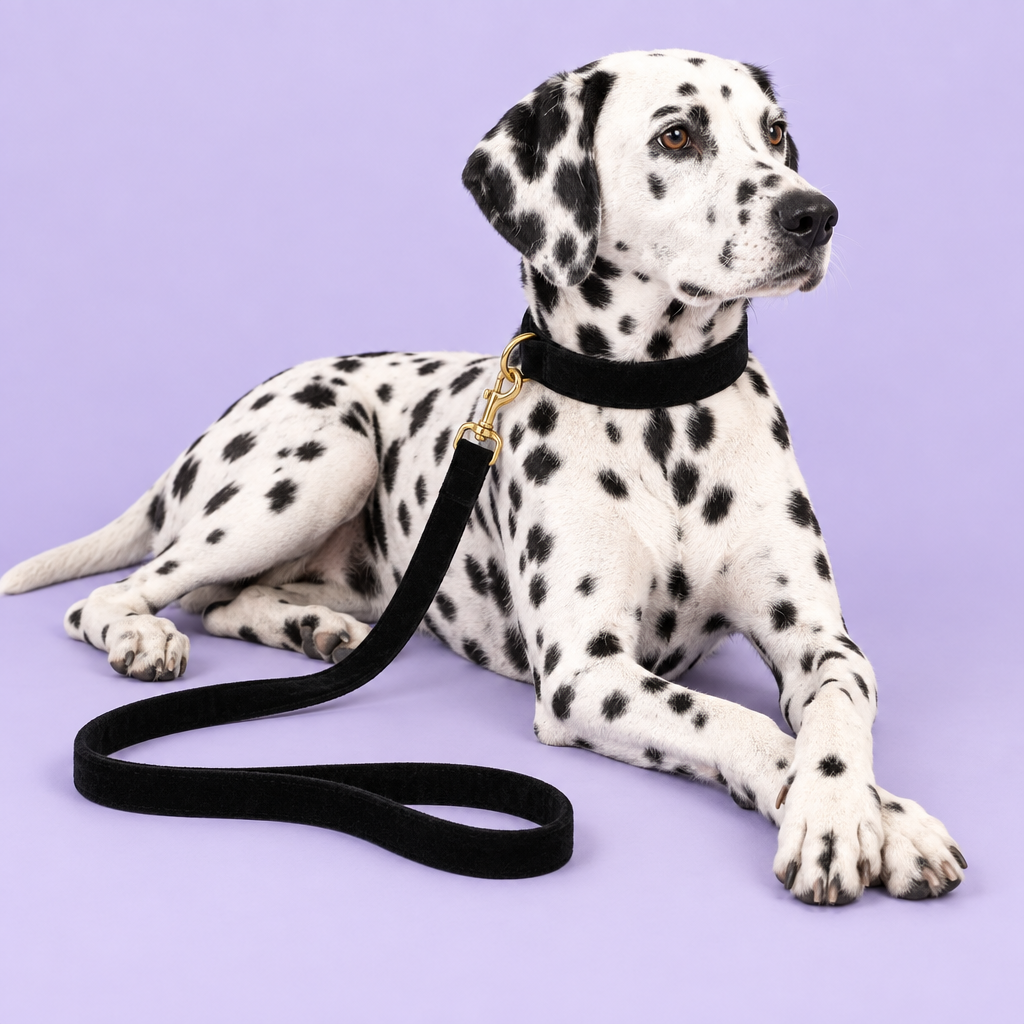 Dalmatian lounging in the black velvet collar and leash