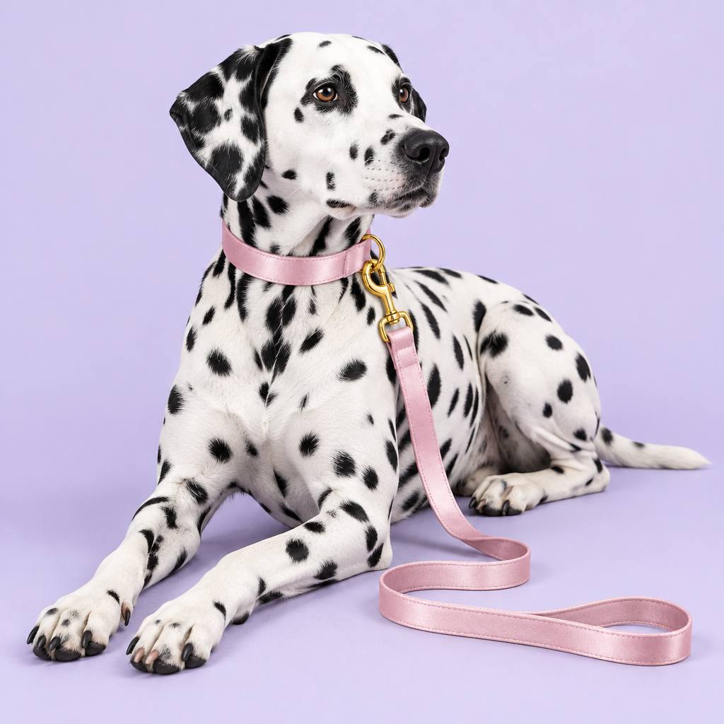 Dalmatian lounging with blush-pink silky collar and leash