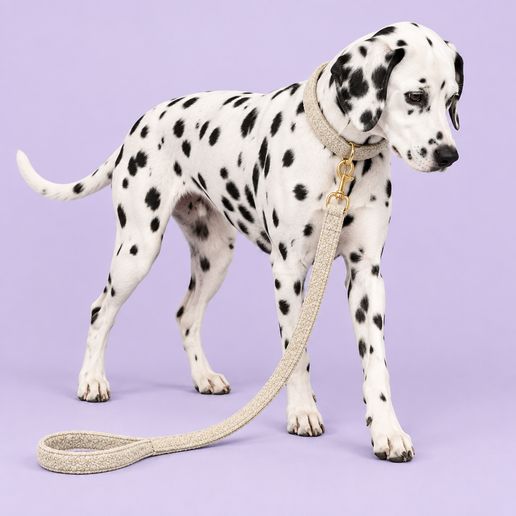 Dalmatian wearing beige teddy fleece set