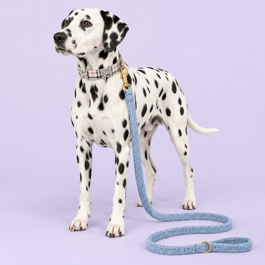 Dalmatian with cream plaid collar and blue teddy-fleece leash