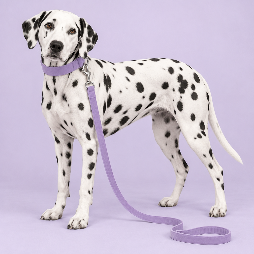 Dalmatian with light-purple collar and leash