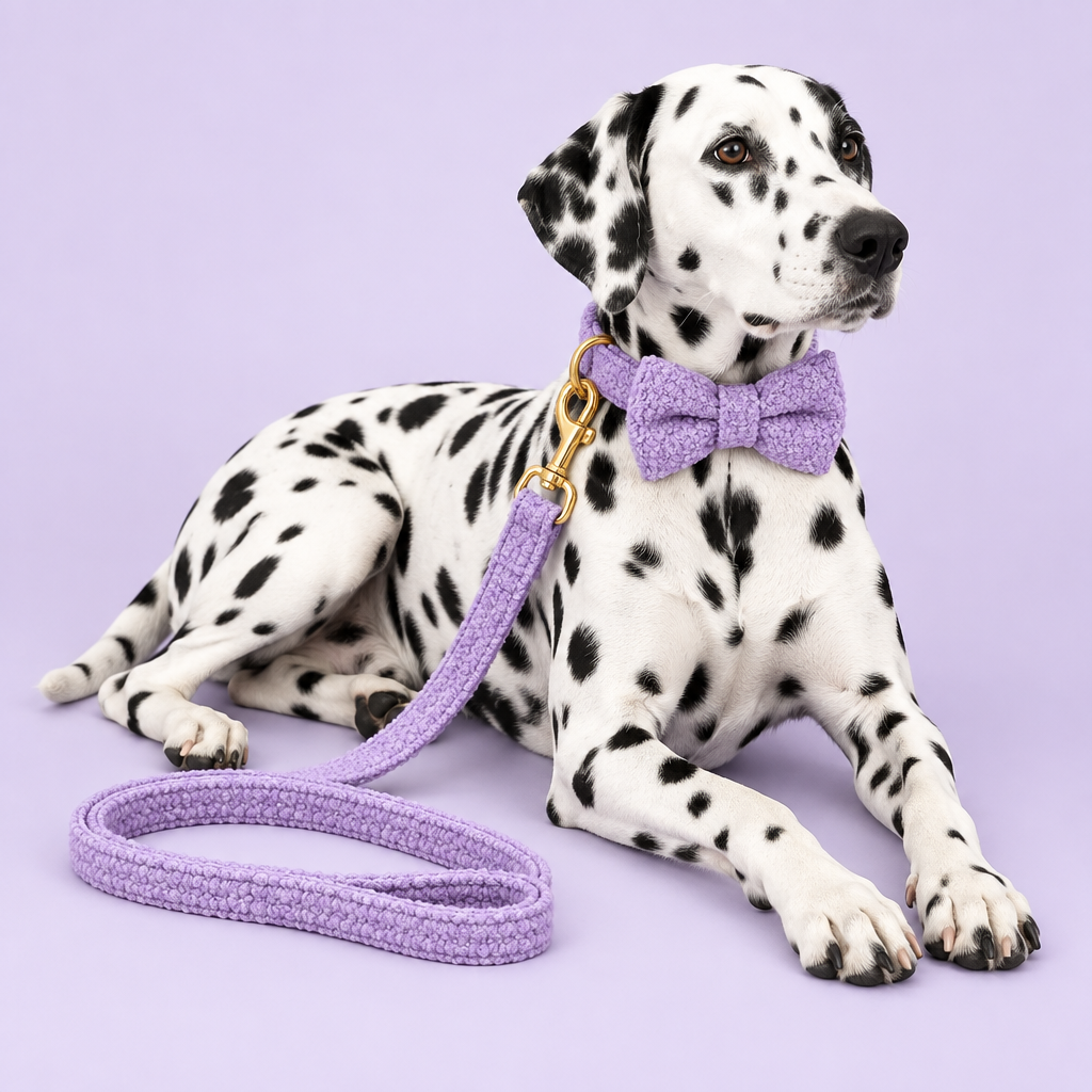 Dalmatian with purple teddy-fleece bow tie collar and leash