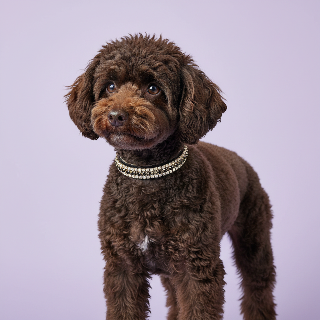 Dark brown Miniature Poodle in the black velvet collar with black trim