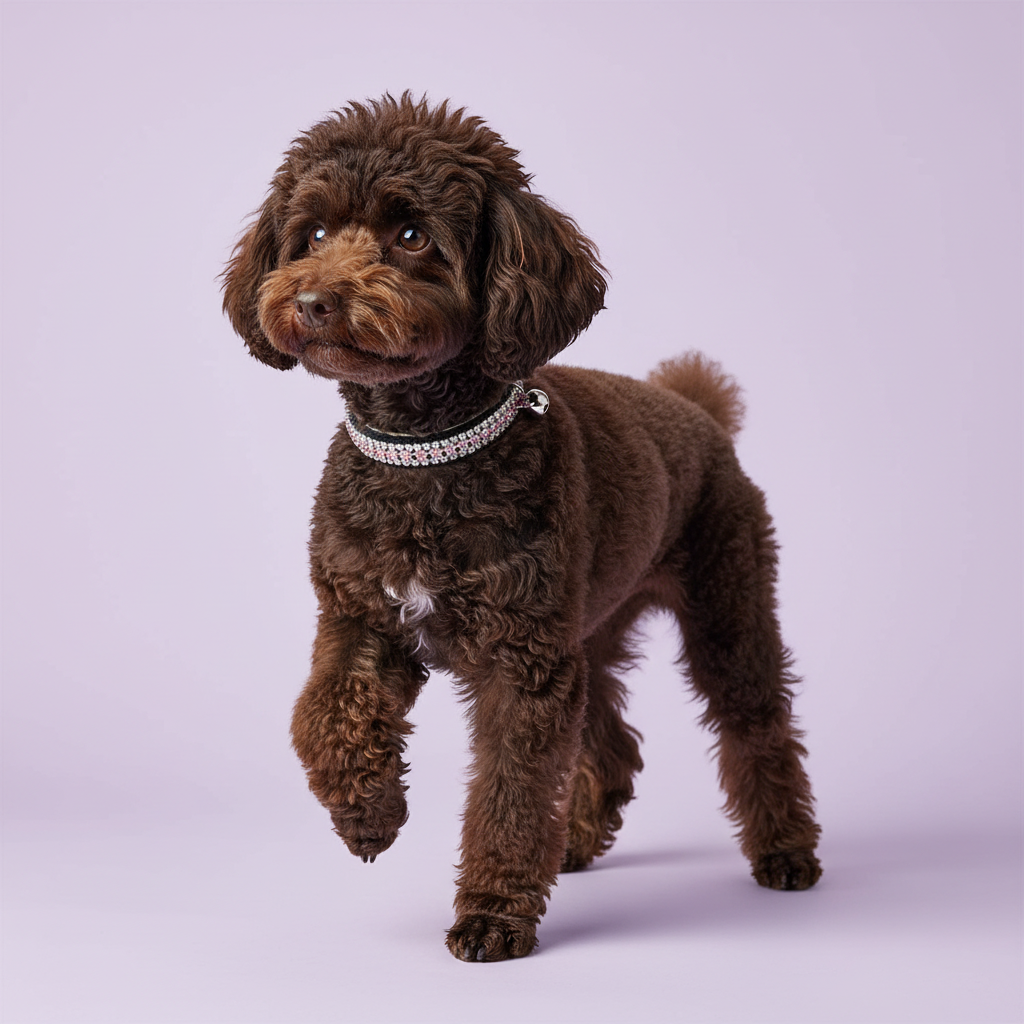 Dark brown Miniature Poodle in the black velvet collar with pink trim