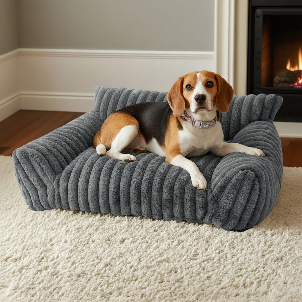 Beagle wearing a pink collar lounging on a dark slate grey ribbed channel-tufted plush pet sofa bed on a cream rug in front of a lit fireplace in a cozy living room