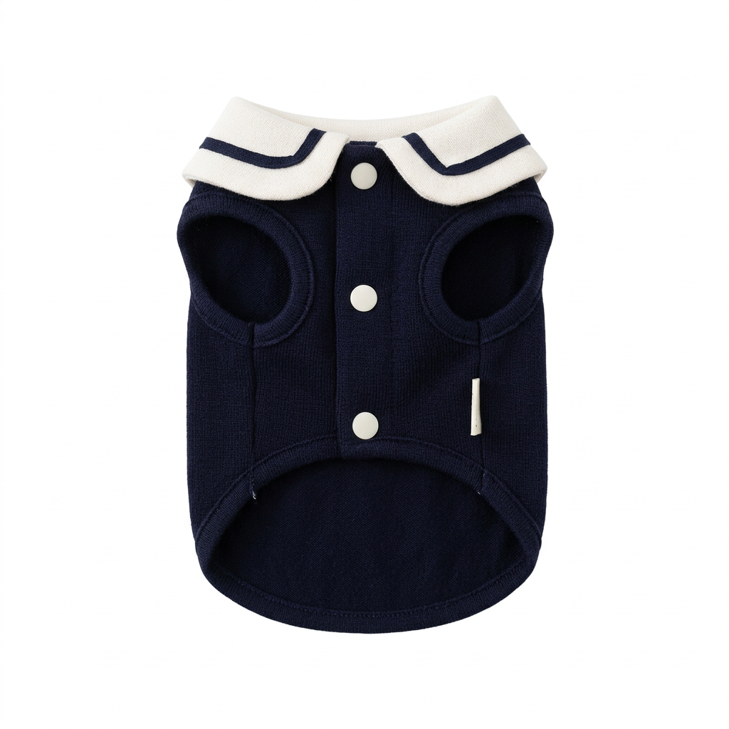 Dark navy pet top, straightened and displayed alone on a square white background