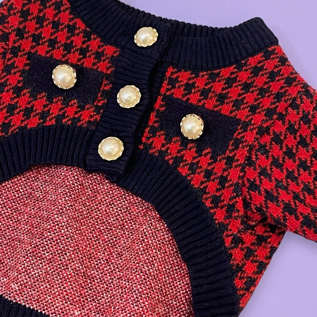 Red Check Knit Pet Sweater with Pearl-Style Buttons