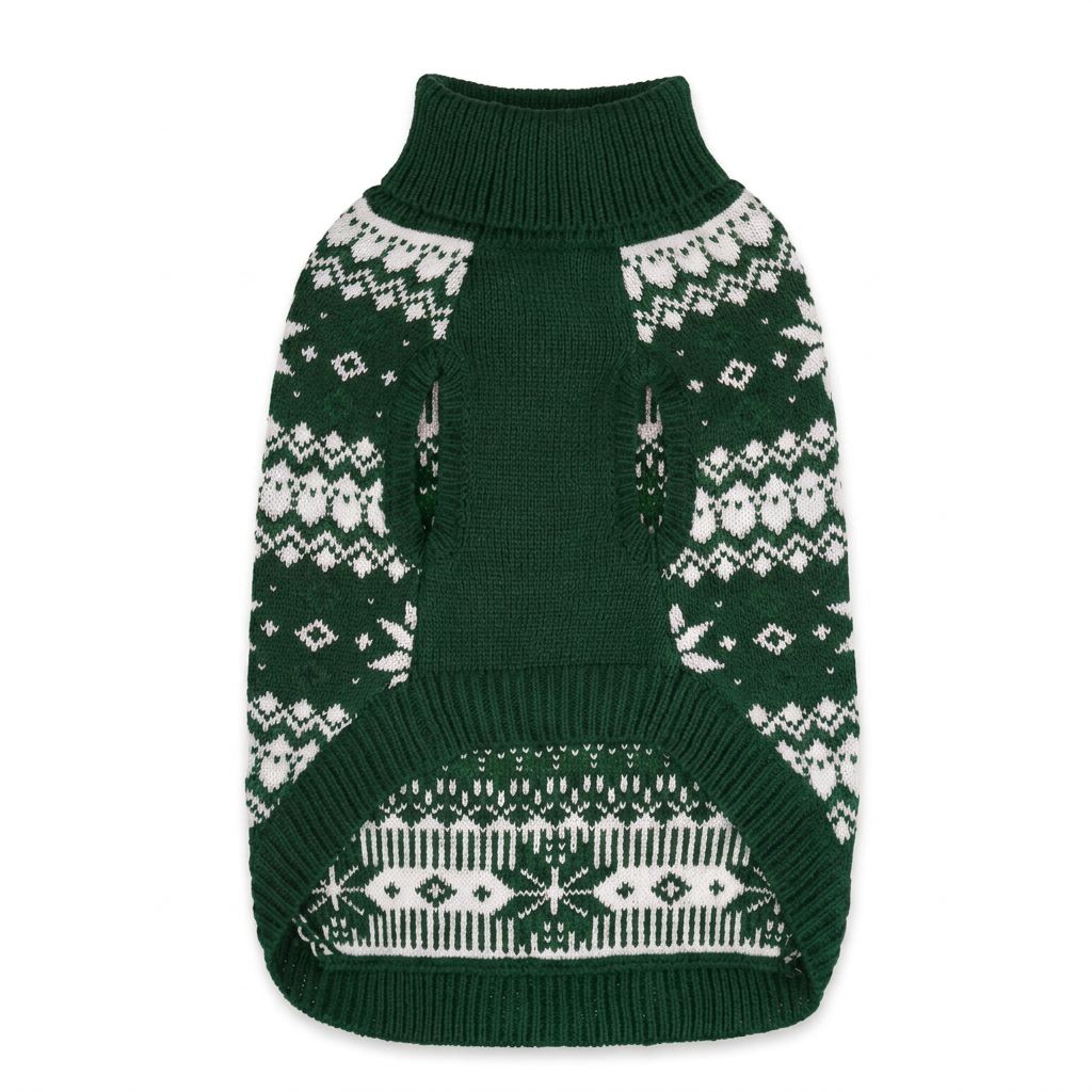 Deep forest green sweater underside view with white knit pattern on a clean white background