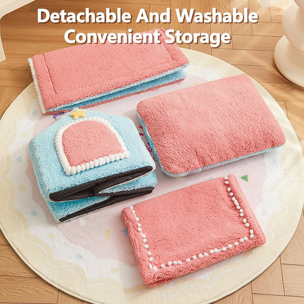 Infographic showing a light blue and pink house-shaped pet bed folded flat alongside three detached pink plush cushion pads in various sizes on a round white rug, with bold white text overlay reading "Detachable And Washable Convenient Storage"