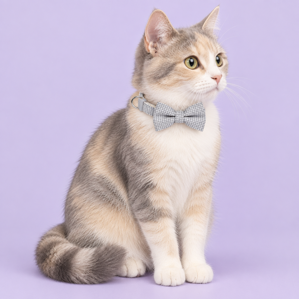 Dilute calico cat seated sideways