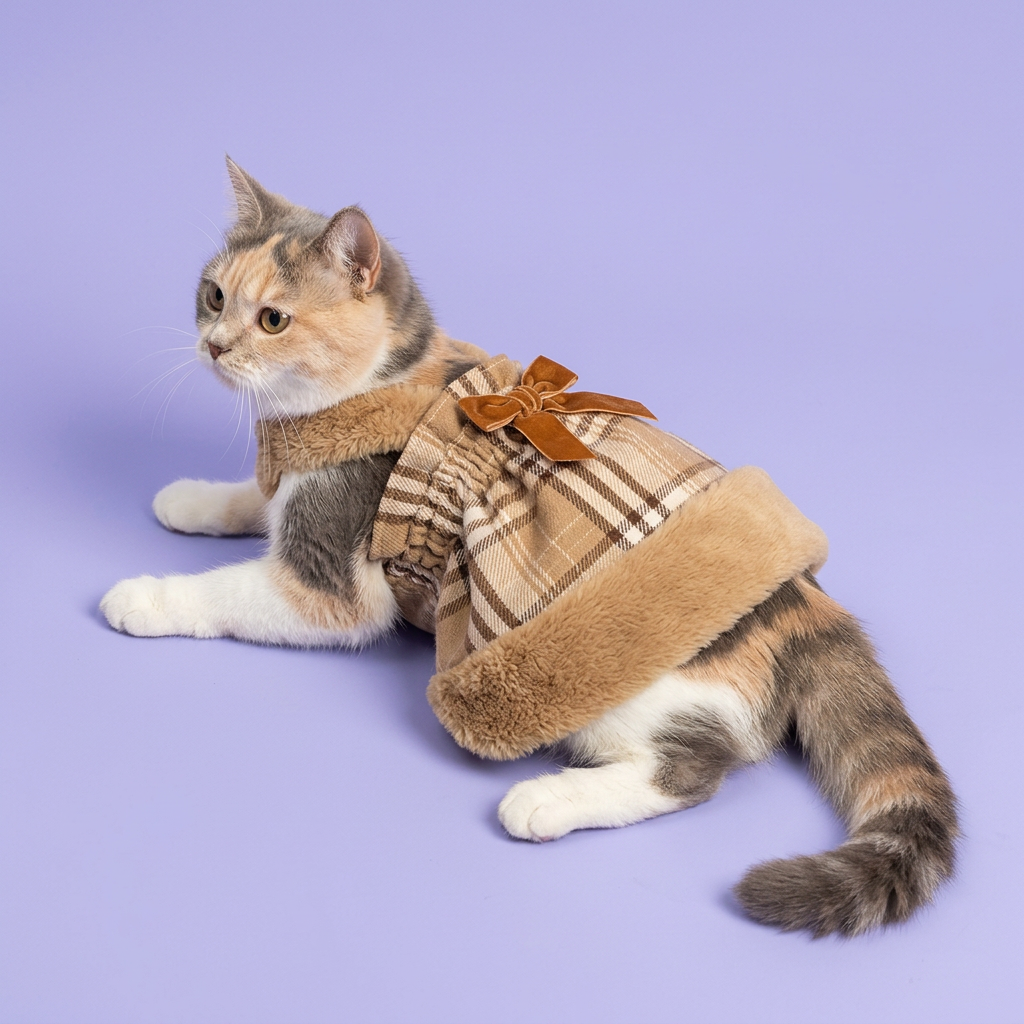 Dilute calico lounging in the plaid dress