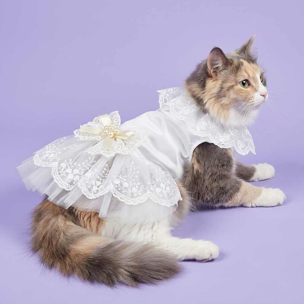 Dilute calico lounging in the white lace dress