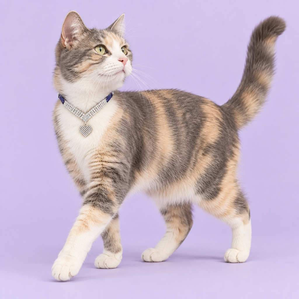 Dilute calico walking forward while glancing back