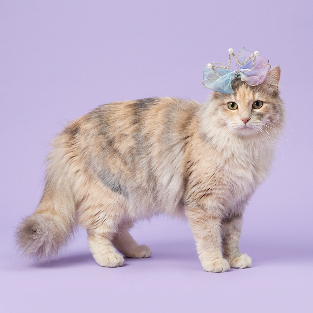 Dilute calico wearing the blue-and-lavender crown bow