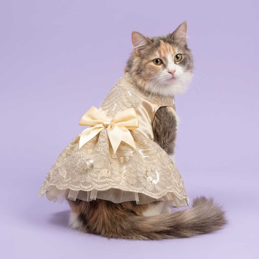 Dilute calico wearing the champagne-gold dress