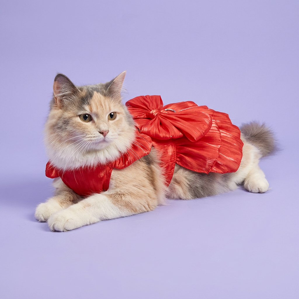 Dilute calico wearing the red bow dress