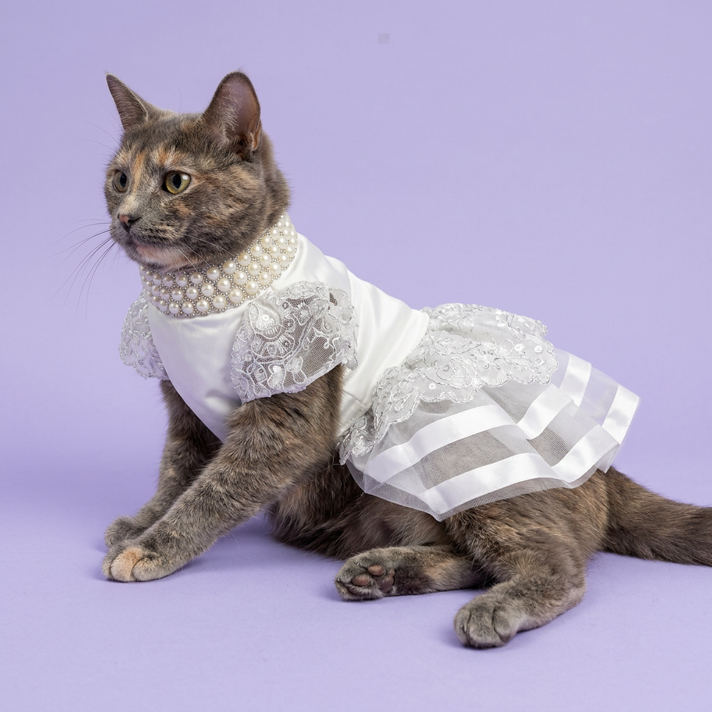 Dilute tortoiseshell cat lounging with loosely crossed paws