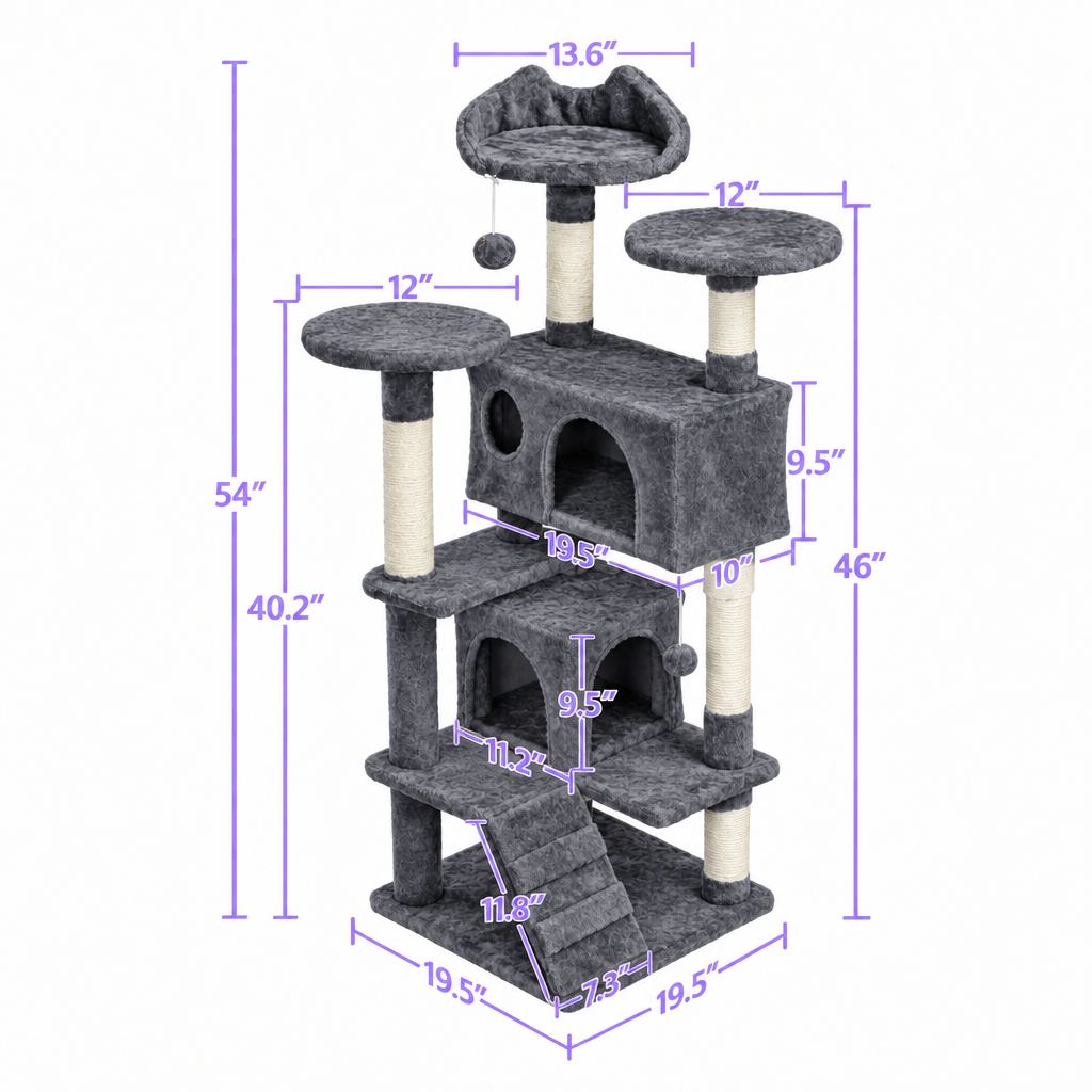 Dimensions infographic with gray-blue cat tree